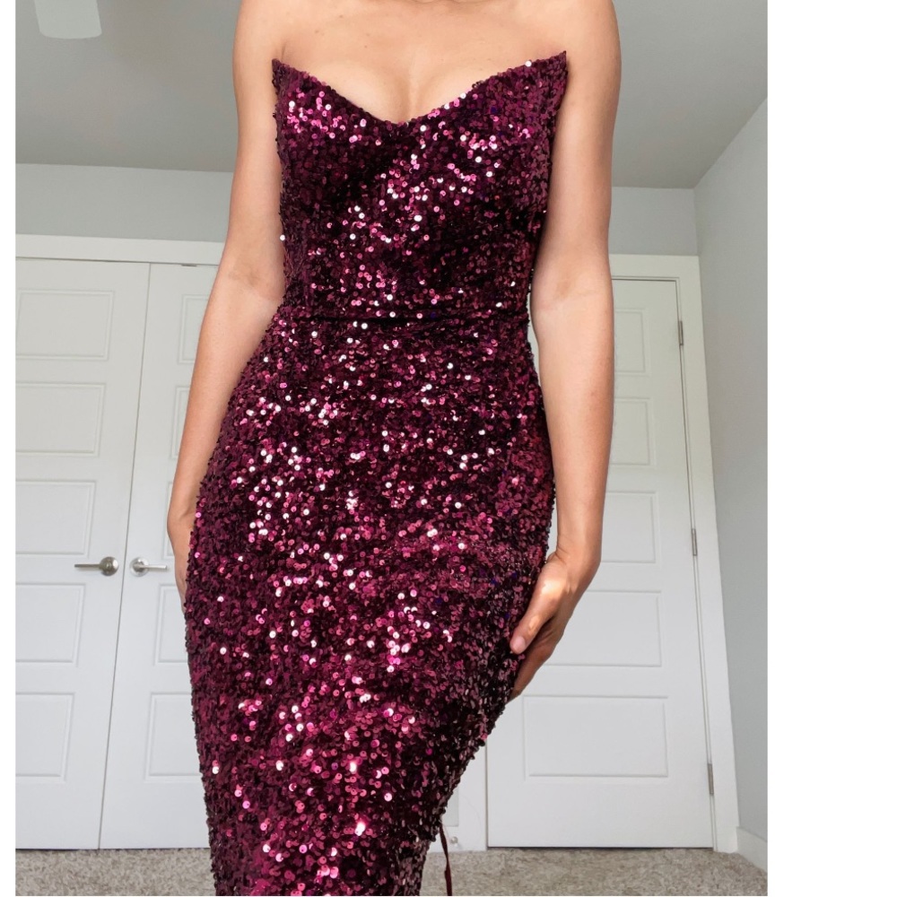 Ox Blood Sequin Corset Occassion Dress - Picture 5 of 12